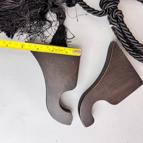Set of 2 Black Curtain Tiebacks with Tassels and Wooden Wall Hooks - Picture 6 of 6